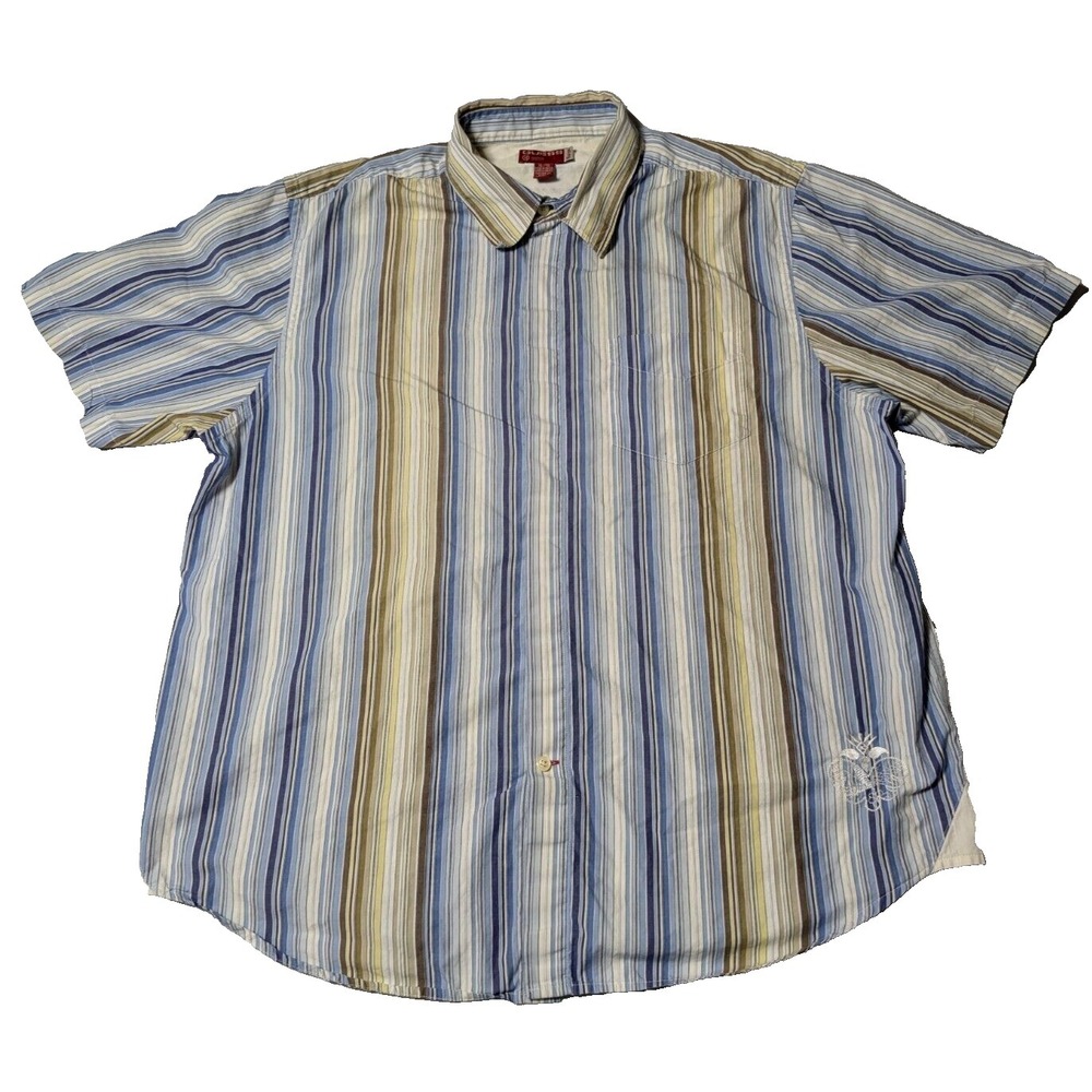 GUESS Covered-Placket Men XL Blue Brown Yellow Striped‎ Cotton Button Shirt